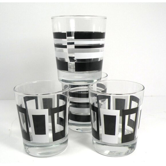 Set Of 4 VTG IKEA Godis Mid-Century Modern Glasses With Black & White Geometric - Picture 4 of 10